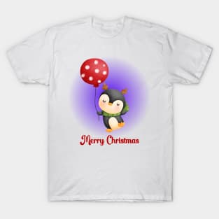 Merry Christmas Cute Penguin and Red Balloon T-Shirt